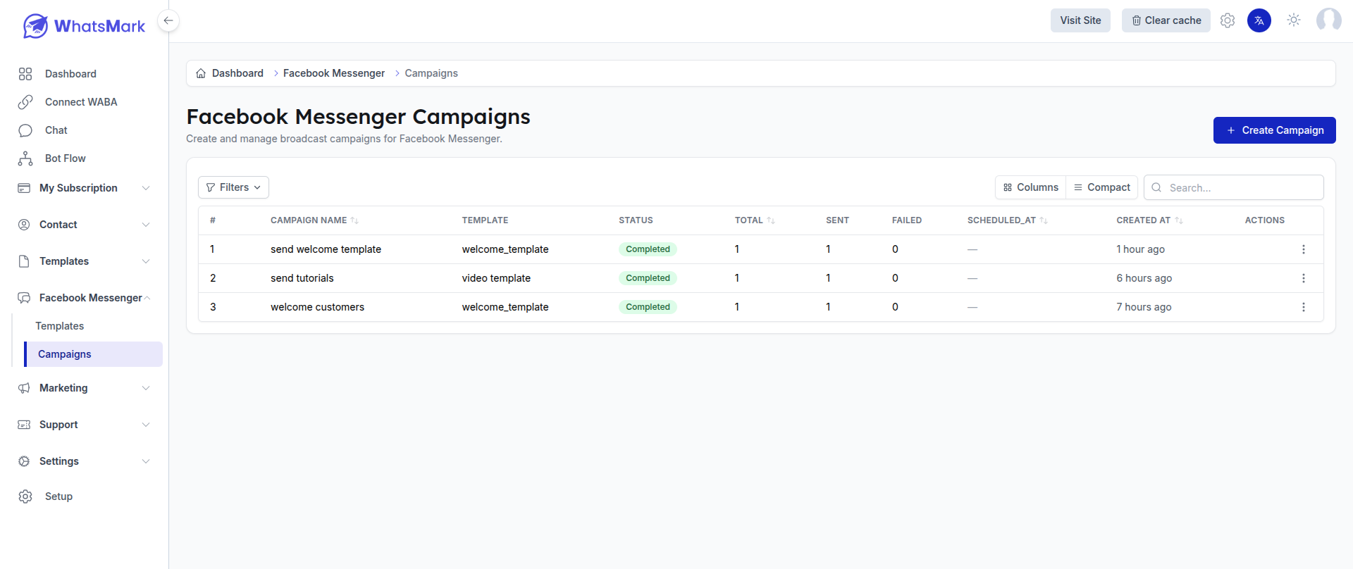 Lista de Campañas de FB Messenger